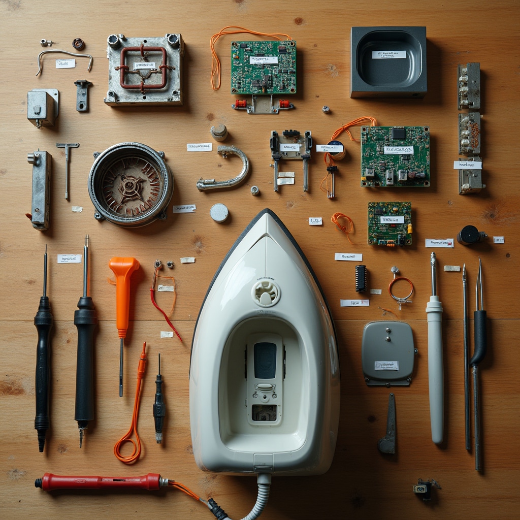 Componenti interni di un elettrodomestico smontato, disposti ordinatamente sul banco