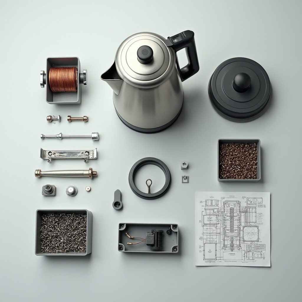 Bollitore elettrico completamente smontato, parti ordinate sul banco da lavoro