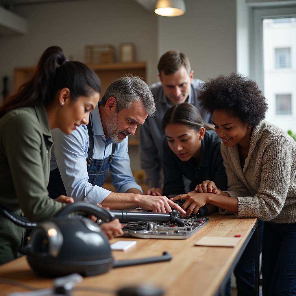 Gruppo di partecipanti al laboratorio che lavorano insieme su più dispositivi