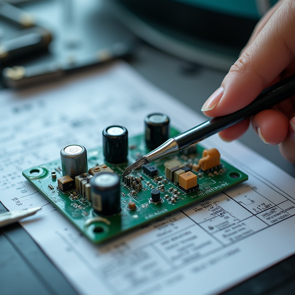 Scheda elettronica interna di un ferro da stiro con componenti identificati