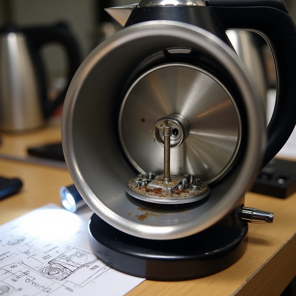 Interno di un bollitore elettrico con resistenza e termostato visibili