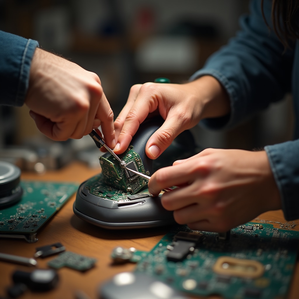 Dettaglio di mani che lavorano su un ferro da stiro smontato con cacciaviti