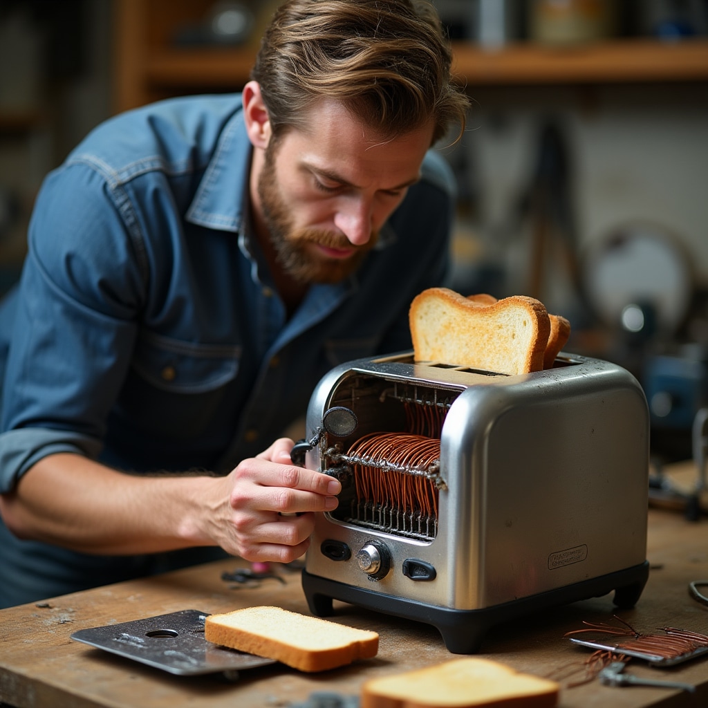 Tostapane smontato con resistenze e timer meccanico visibili e identificati