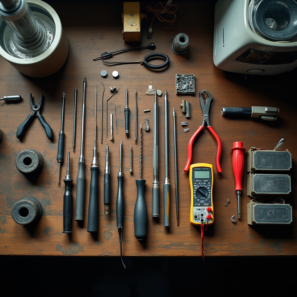 Vista dall'alto degli attrezzi del laboratorio ordinati su un banco di lavoro