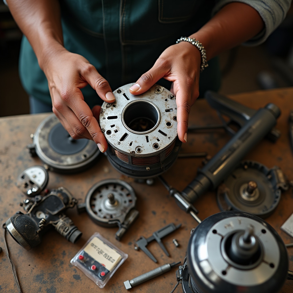 Motore di aspirapolvere smontato con le spazzole di carbone in evidenza